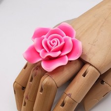 Artisan Made Large Pink Polymer Clay Rose on Sterling Silver Ring