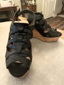 NINE WEST Size 7.5 Black Leather Wedge "Josette" Strappy Sandals
