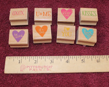 Hearts Phrases Wood Rubber Stamp Set - 8 Stamps