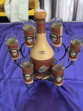 Mexican Tequila Barware Decanter 6 Shot Glass Set Metal Stand Leather Wrapped