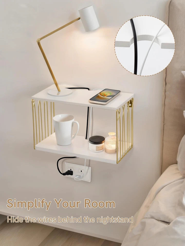 Mesita de noche flotante con orificio para cable, minimalismo moderno pequeño montado en la pared blanco... Foto 2 de 4