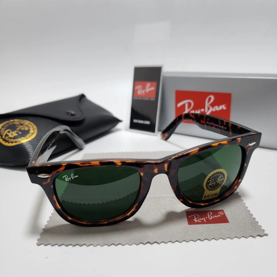 Ray-Ban RB2140 Wayfarer Classic Sunglasses Tortoise Frame Green Glass Lens 50mm - Image 3 of 4