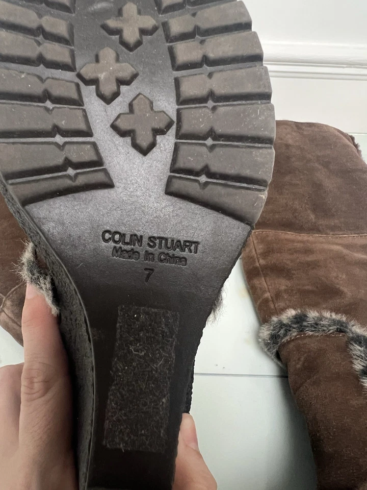 Colin Stuart Brown Suede Faux Fur Lined Knee High Wedge Boots Size 7 - Image 4 of 4