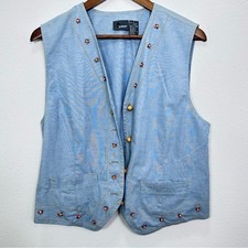 Cottagecore Vintage Chambray Denim Jean Vest Beaded Wooden Buttons Size M
