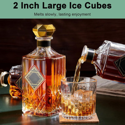 Large Ice Cube Tray for Whiskey, 2 Pack Big Square Ice Cube Molds, 2 inch Sil...