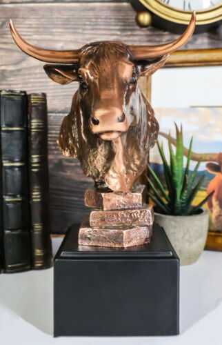 Wildlife Bull Bust Statue On Base Bronze Electroplated Figurine Stock Market - Picture 1 of 9