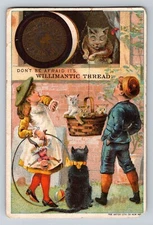 Victorian Trade Card Willimantic Children Cat Kittens Basket Sewing 3" x 4.5"