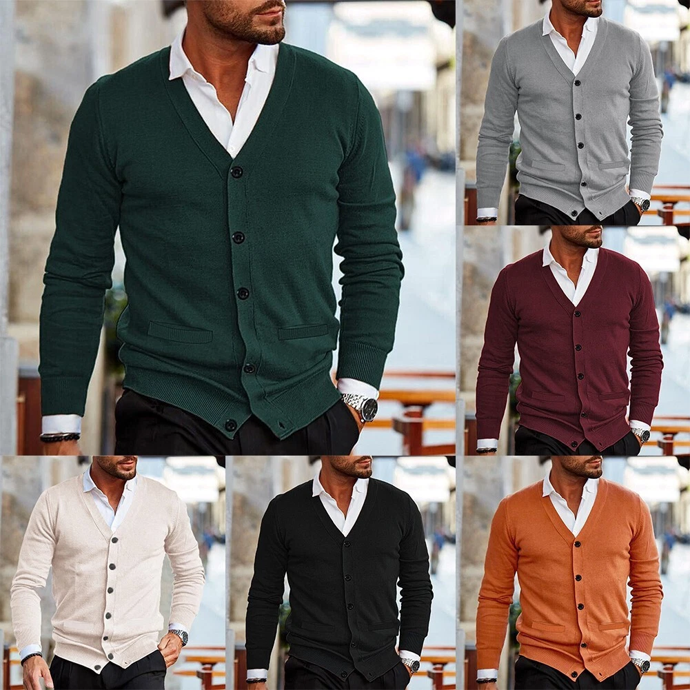 Stylish Men s Vintage Cardigan Sweater V Neck Button Up Solid Color Green