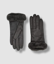  110 UGG Women's Gray Leather Shearling Fur Trim Touch Screen Tech Gloves Size S