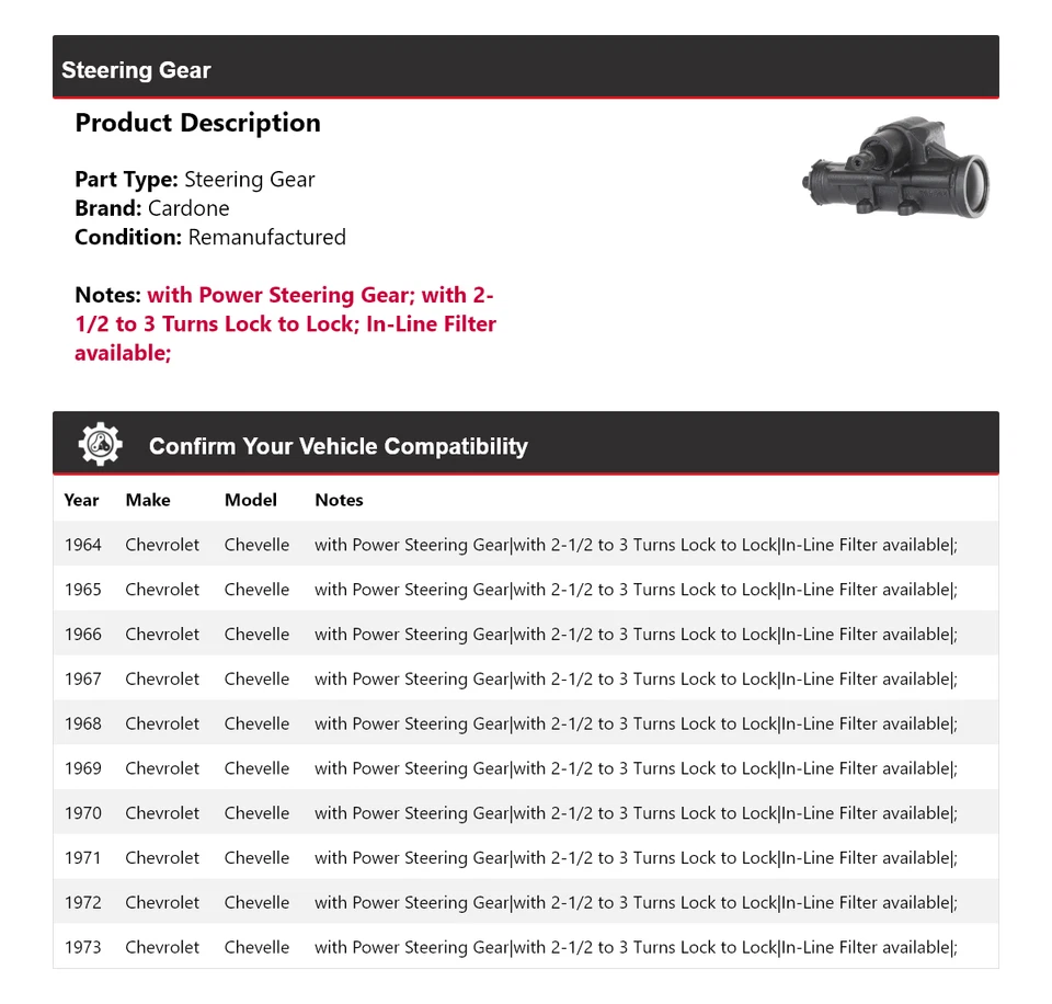 Engrenagem de direção Cardone 1965 1966 1967 1968 1969 Chevrolet Chevelle 1964-1973 - Imagem 2 de 4