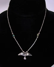 Liquid Silver Bird in Flight Necklace Turquoise Beads Beaded Bird Dove of Peace
