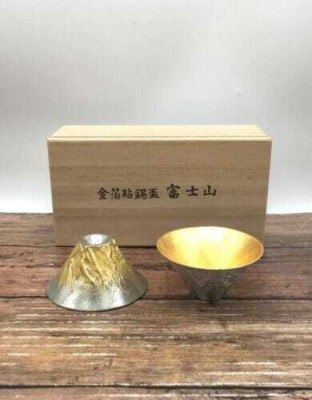 Mt.Fuji shaped gold-plated tin Japanese sake cup 2 set made in Japan