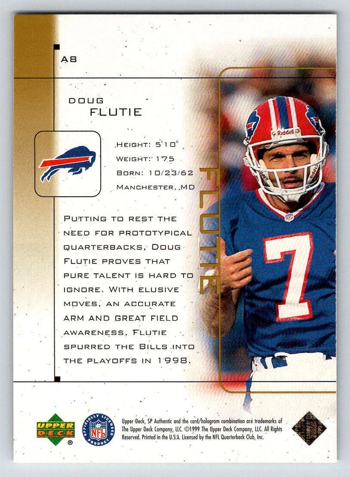 1999 SP Authentic Athletic #A8 Doug Flutie (ref 220636) - Image 2 of 2