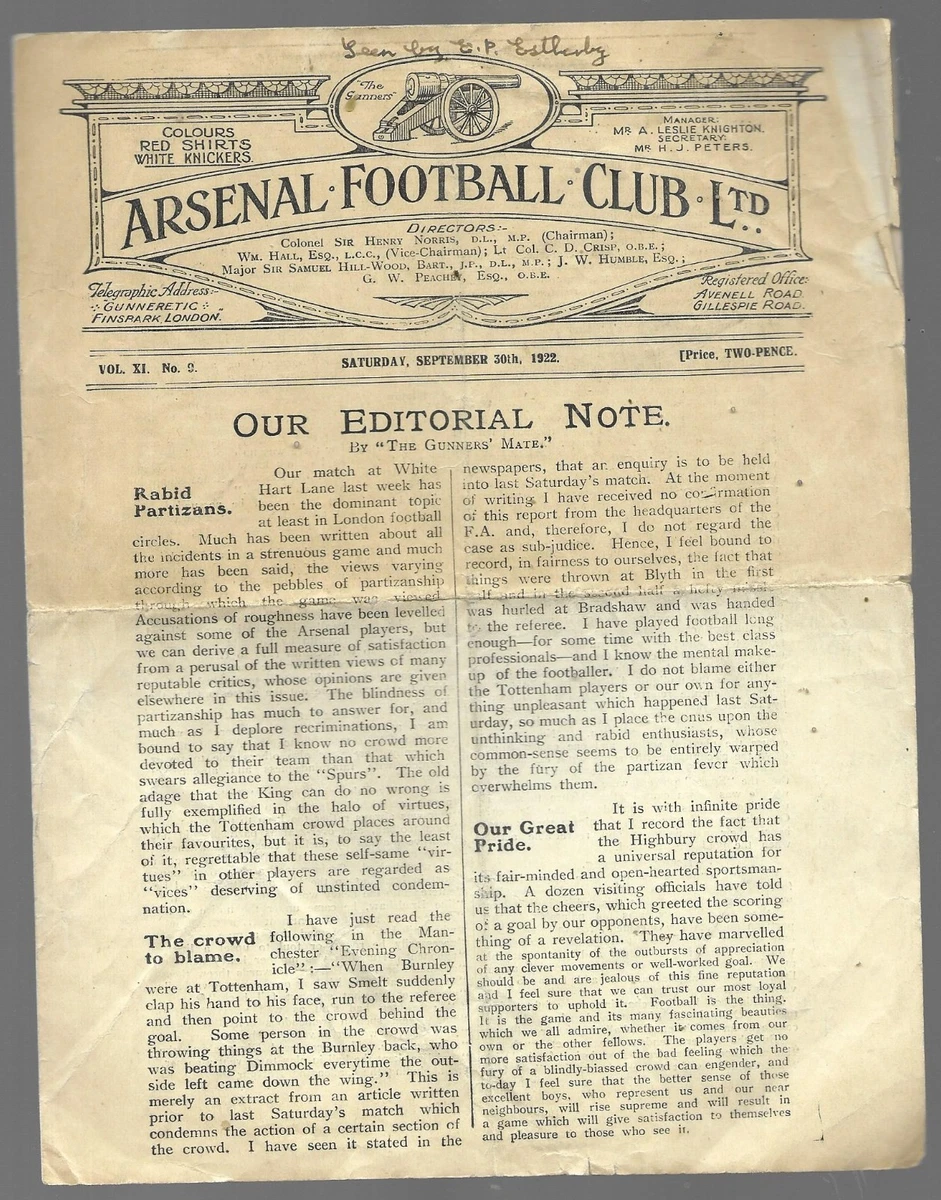 Football Programme ARSENAL v TOTTENHAM HOTSPUR Sept 2021