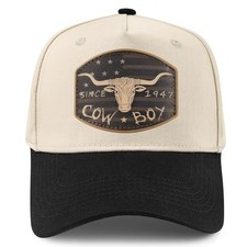 Vintage Western Trucker Hat Mens Texas Country Flag Bull Head-beige Black