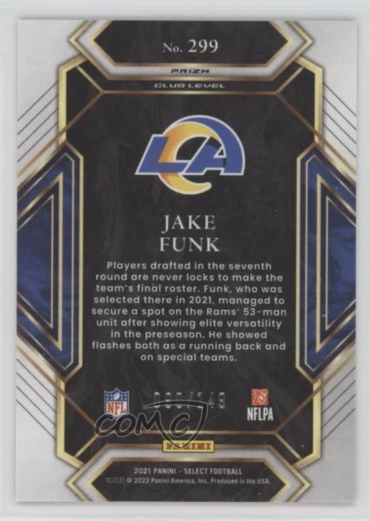 2021 Panini Select Club Level Tri-Color Prizm 90/149 Jake Funk #299 Rookie RC - Image 2 of 3