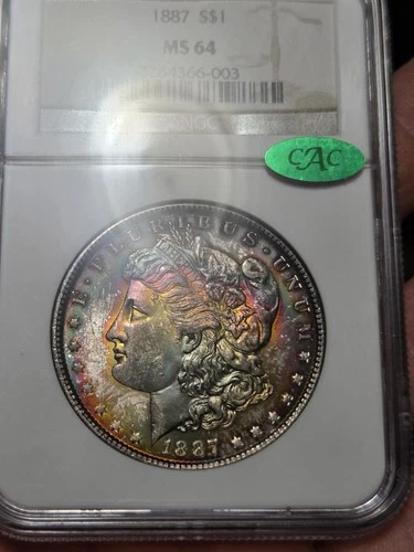 1887 Philadelphia Morgan Silver Dollar MS64 CAC Rainbow Toned Beauty
