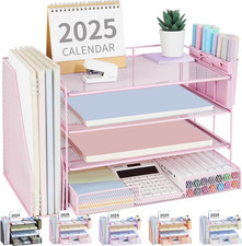 4 Tier Desk Organizer with Drawer and 2 Pen Holders Pink