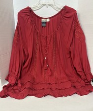 Red Urban Mango Blouse Sz LG Scoop Neck Tie Front Embroidery Ruffles 3/4 sleeve