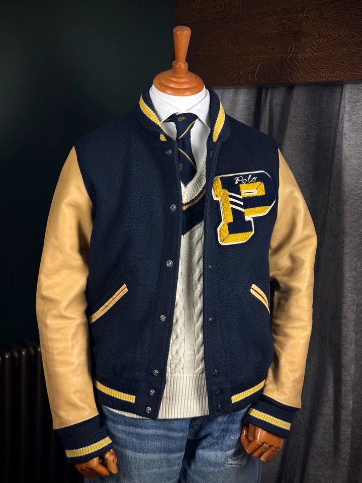 Pre-Owned Polo Ralph Lauren Navy Wool-Blend Letterman Jacket Medium RRP £695 - Image 2 of 4