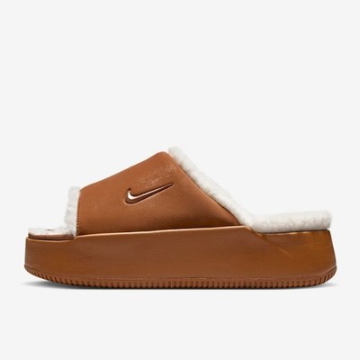 New Nike Women's Calm Elevation Fur Slide Shoes - Light British