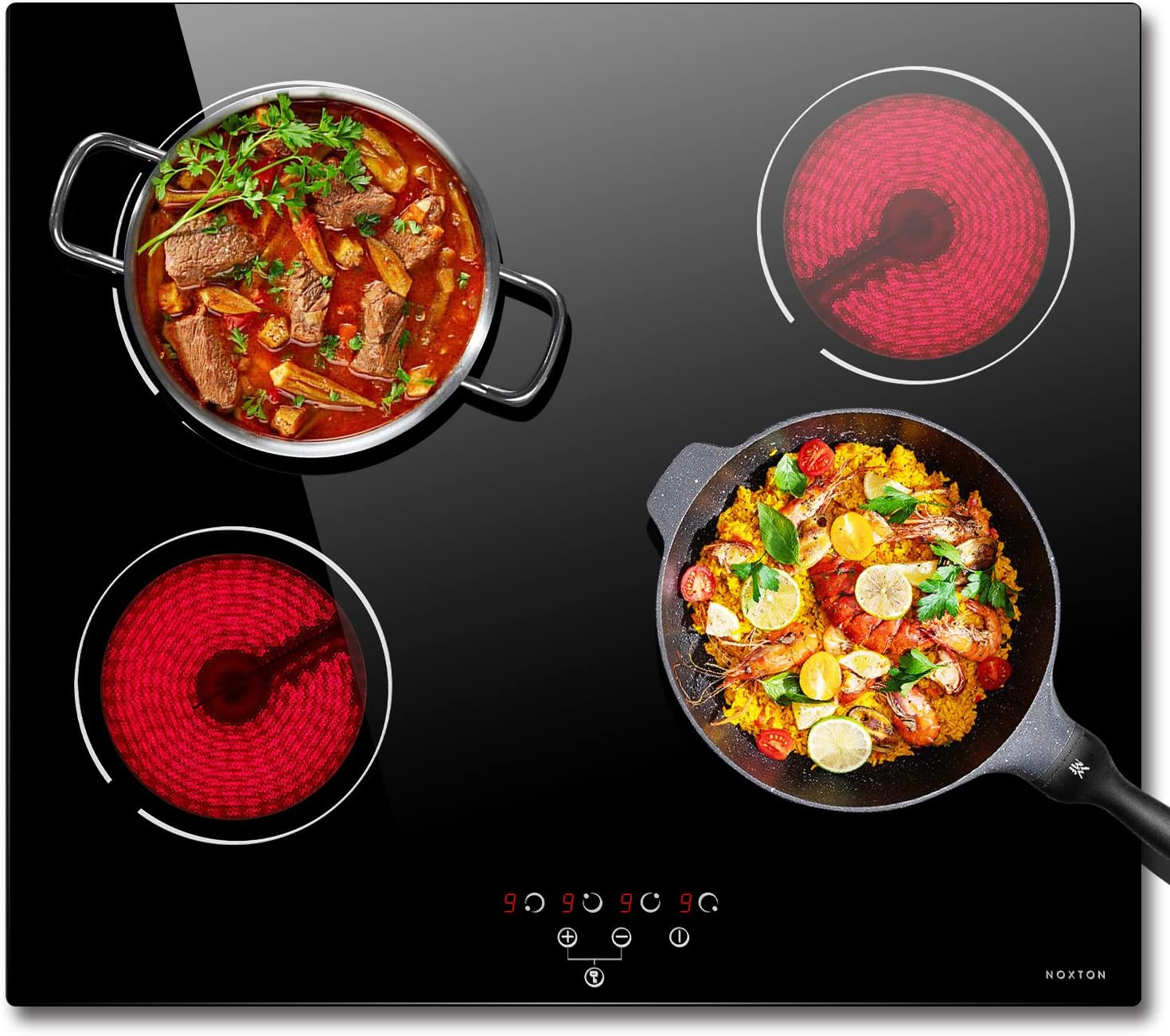 NOXTON Ceramic Hob, Built-In 4 Zone Electric Hob Cooker 60Cm Unrestricted Pans 9