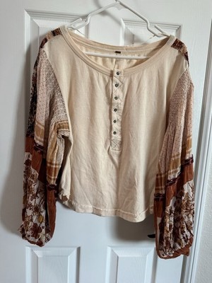 Free People Light Magic Henley Boho Festival Floral Patchwork Top Cream Small