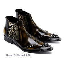 Mens Gold Metal Pointed Toe Ankle Boot Pull On Chelsea Boot Nightclub Party Shoe