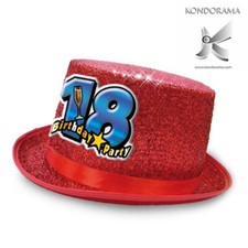 Cappello cilindro glitter rosso con applicazione "18 anni happy birthday"