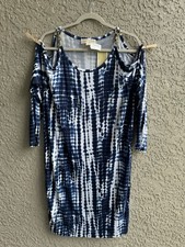 Michael Kors Women’s Blue White Tie Dye Chain Strap Cold Shoulder Dress M -NWT
