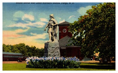 #ad Fargo North Dakota ND Rollon Statue amp; Great Northern Station Linen Postcard $5.54