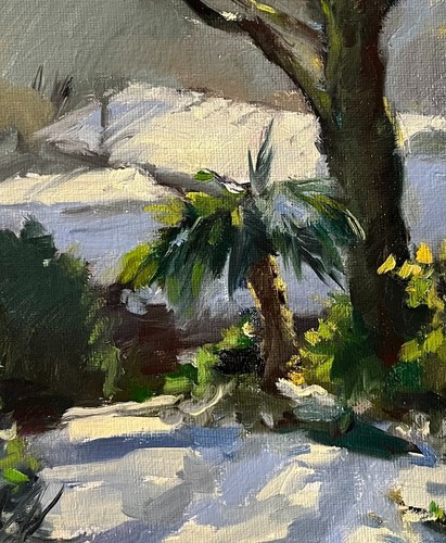 HELEN TARR ORIGINAL Verschneiter Garten nebenan Winter Eiche Landleben ÖLGEMÄLDE - Bild 2 von 3