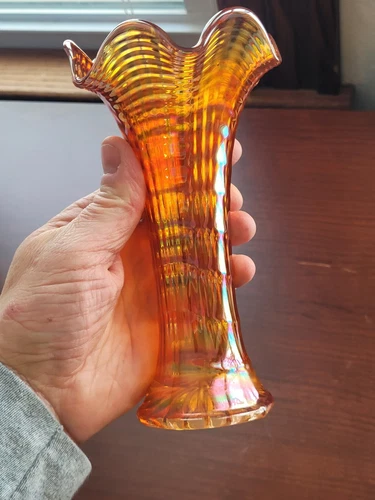 Pretty Marigold Imperial Carnival Glass Ripple Pattern Mini Vase 2 3/8" Base