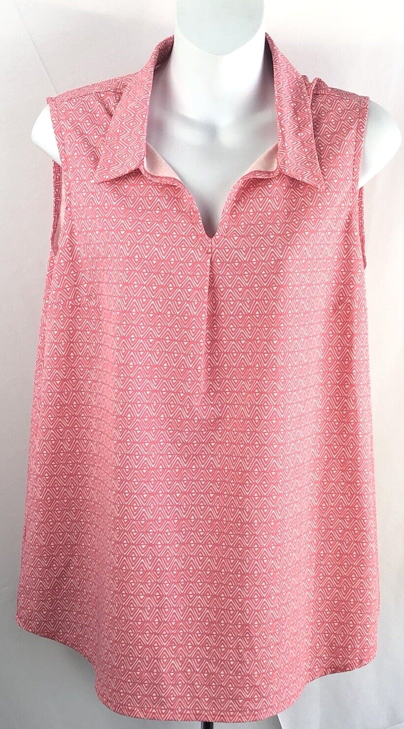 Eddie Bauer womens M pink white sleeveless Geo V-neck pleat front stretchy top