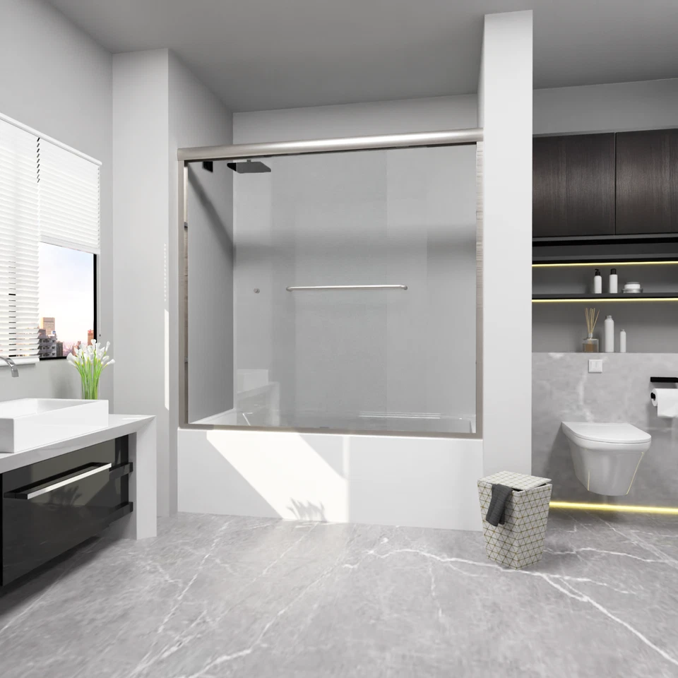 Puertas de bañera de 55-59 pulgadas de ancho x 56 pulgadas de altura, puertas de bañera de derivación semi-sin marco BN Foto 3 de 4