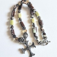 Vintage Ornate Sterling Marcasite Cross Gemstone Crystal Bead Toggle Necklace