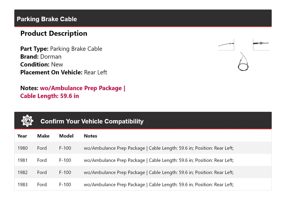 For 1980-1983 Ford F-100 Dorman Parking Brake Cable Rear Left 1981 1982 - Image 2 of 4