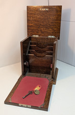 Antique Oak Victorian Stationary Box Letter Rack with Key & Functional Lock