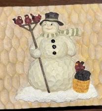 Carved Wood Look Christmas Box Snowman Red Birds Decor Gift Lid Keepsake Holiday