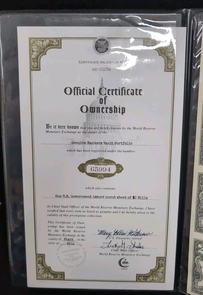 World Reserve Monetary Exchange U.S. Government Uncut Sheet Of $2Notes - Image 2 of 4