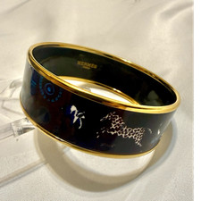 Hermes Wide Enamel Bangle Bracelet Black Gold...