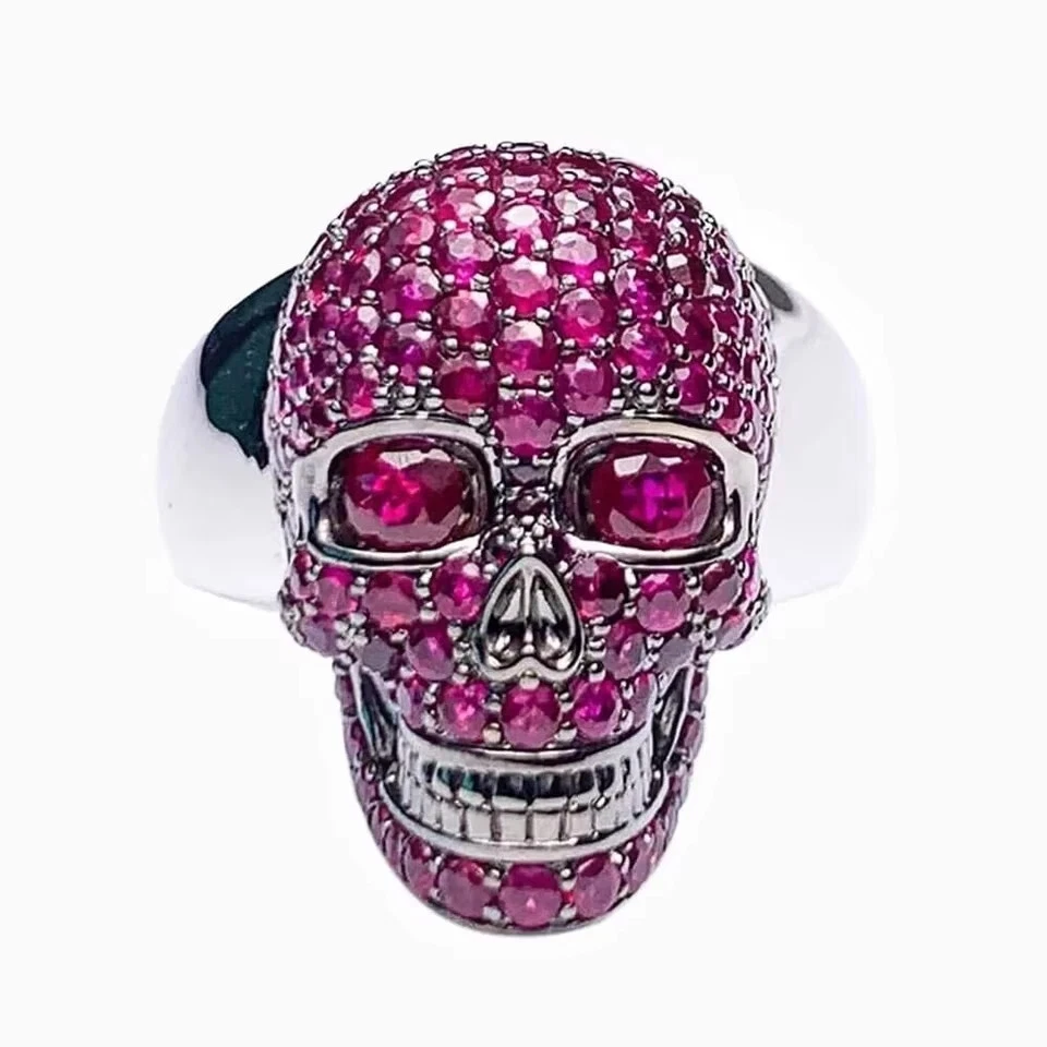 2.90Ct Round Cut Lab Created Red Ruby Skull Ring 14K Black Gold Plated Silver - Image 3 of 4