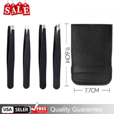 4-Piece Professional Plucker Tweezers Set Stainless Steel W/Case Black US