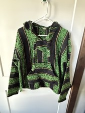 Men  s Woven Poncho Mexican Baja Hoodie Pullover Black Green Yellow Size M