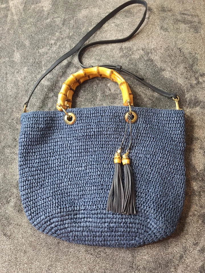 Bolsa de palha Talbots alça de bambu azul marinho tiracolo balde costeiro praia - Imagem 3 de 4