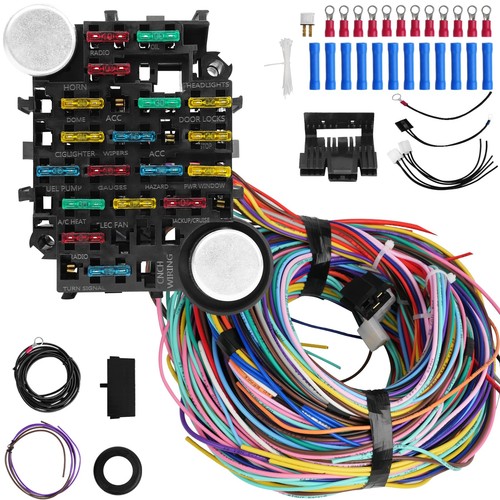 Universal 21 Circuit Wiring Harness Kit Extra Long Wire Standard Color Fuses