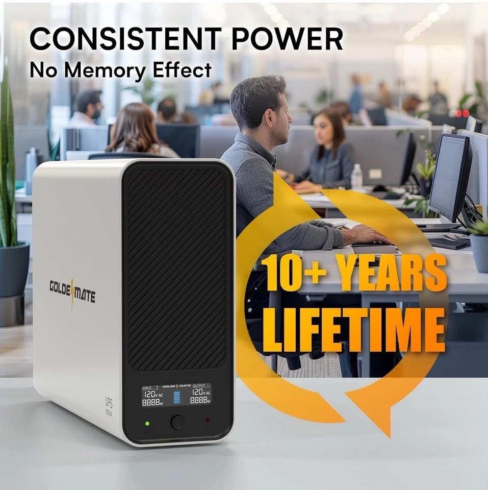 GOLDENMATE 1000VA/600W Lithium UPS Backup Power, LiFePO4, LCD, 8-Outlet - Image 3 of 4