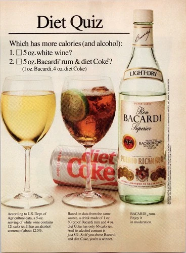 Bacardi Diet Coke 1984 Vintage Magazine Ad Original Print Barware Decor