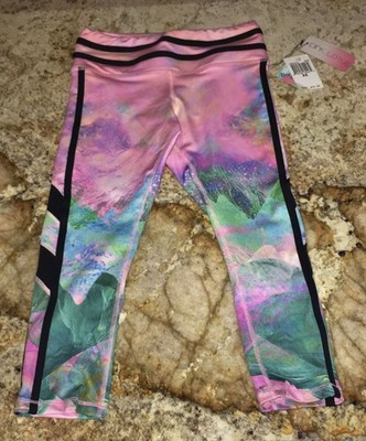 PINK LOTUS Toning Printed Fitness Running Pink Black Capri Crop Pants Womens XS