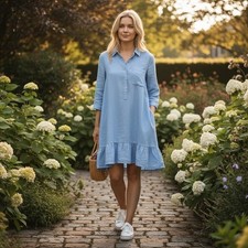 Liverpool Los Angeles Chambray Blue Linen Blend Shirt Dress Ruffle Hem Pockets L